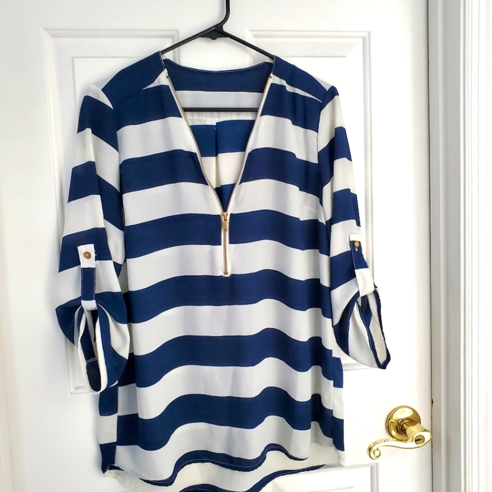 Sheer White & Navy Striped 3/4 Sleeve